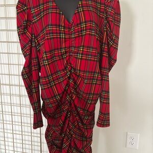 Red Ruched Sheath Dress with Puff Sleeves